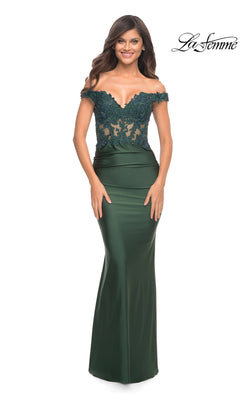 An Emerald Lace-Bodice La Femme Off-the-Shoulder Prom Dress is modeled against a white background, with the La Femme logo in the top right corner.