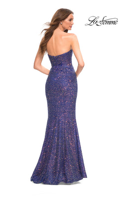 A woman models the La Femme Strapless Long Sequin Formal Gown, a fitted floor-length purple dress, standing with her back to the camera against a white background. The La Femme logo is displayed in the top right corner.