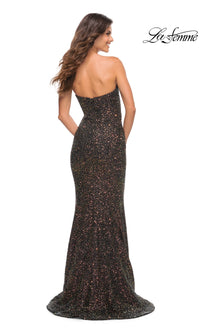 La Femme Long Black Sequin Strapless Prom Dress