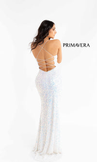 Strappy-Back Pastel Long Sequin Prom Dress 3290