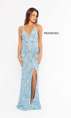 A woman models the Pastel Sequin-Pattern Long Prom Dress 3295 with a thigh-high slit, standing against a white background. "PRIMAVERA" appears beside her.