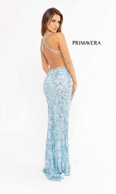 A woman poses against a white background in the Pastel Sequin-Pattern Long Prom Dress 3295, with "PRIMAVERA" displayed beside her.