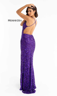 A woman models the Dark Sequin-Pattern Long Prom Dress 3295D, featuring thin crisscross straps and a backless design, against a white background.
