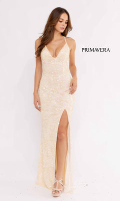 Model wearing the Pastel Sequin-Pattern Long Prom Dress 3295 featuring a thigh-high slit and spaghetti straps, standing against a plain background with "PRIMAVERA" text.