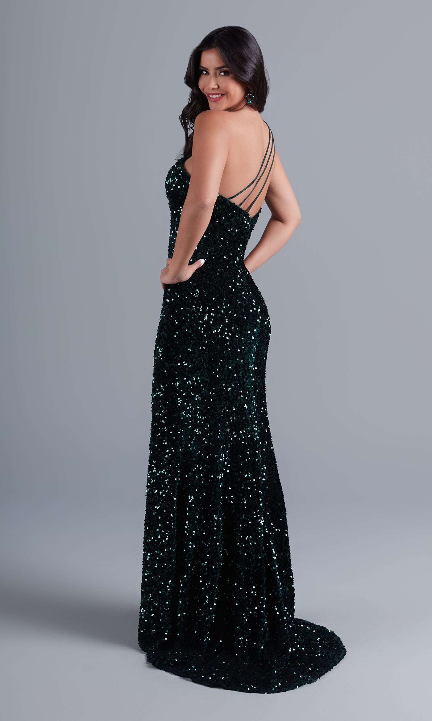 Long Velvet-Sequin One-Shoulder Prom Dress