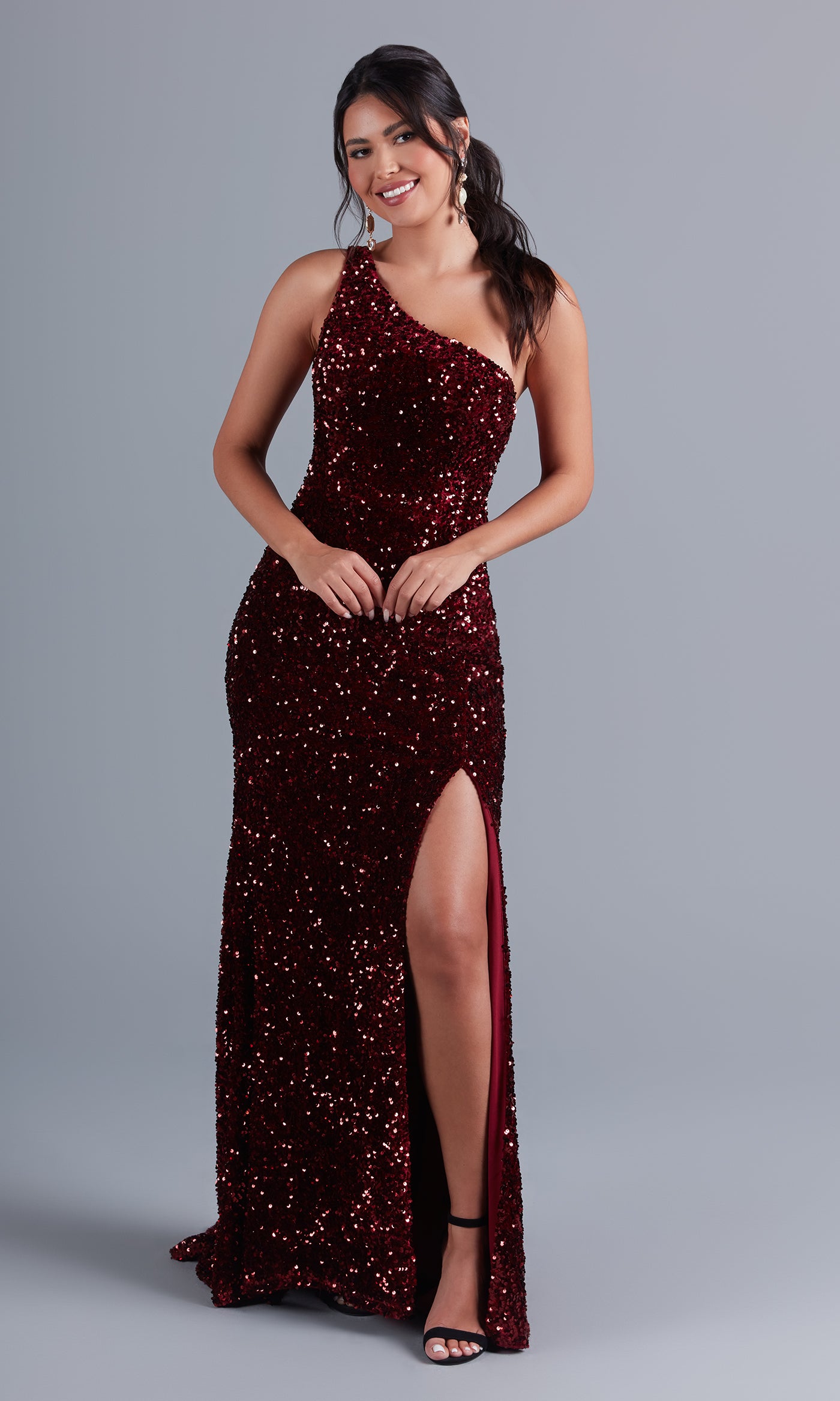 Long Velvet-Sequin One-Shoulder Prom Dress