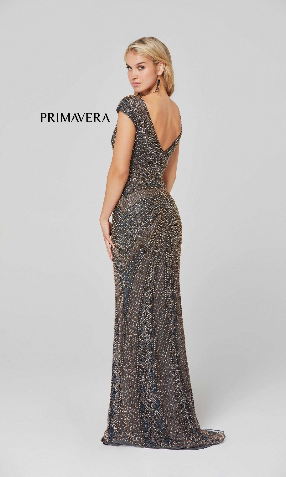 Cap-Sleeve Long Beaded Formal Dress 3674