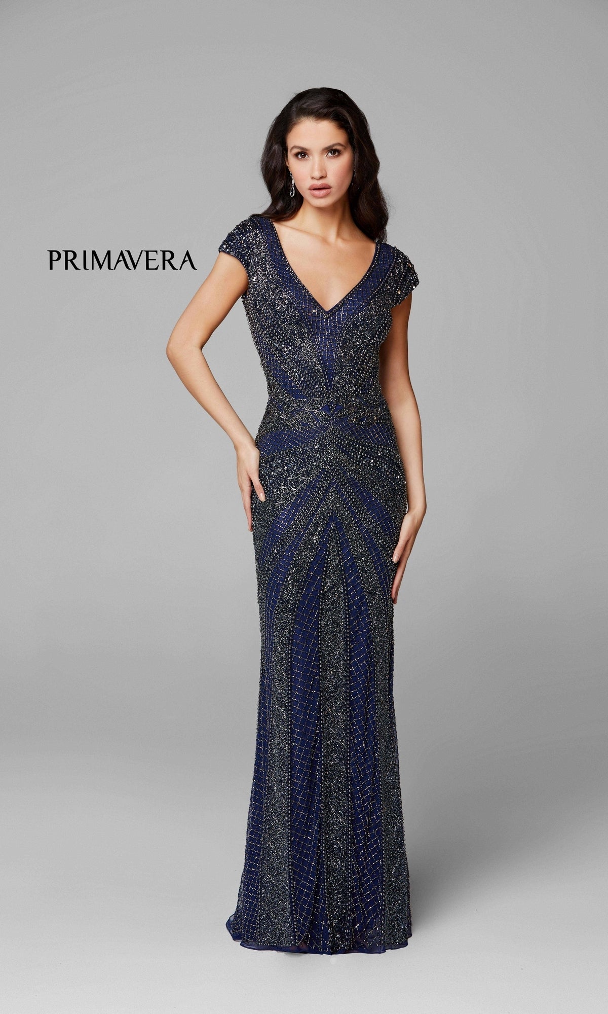 Cap-Sleeve Long Beaded Formal Dress 3674