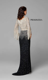 Long Beaded Formal Gown with Long Bell Sleeves