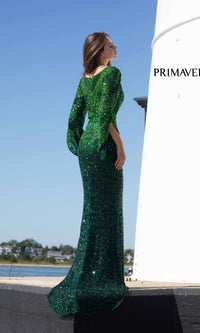 Long Beaded Formal Gown with Long Bell Sleeves