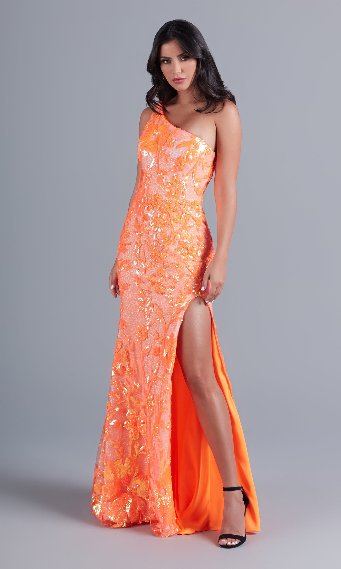 PromGirl One-Shoulder Neon Sequin Long Prom Dress