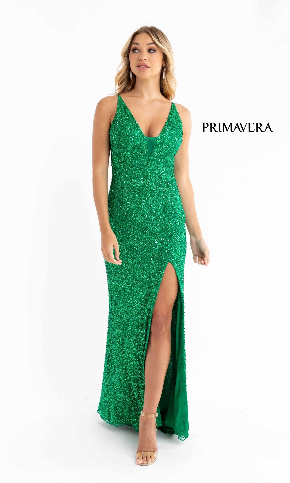 A woman wears the Bright Sequin-Print Long Prom Dress 3792B—sleeveless, floor-length, green with sequins, front slit, and V-neckline—against a white background. 