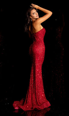 A woman poses with one arm raised against a black background, wearing the Strapless Long Sequin Evening Gown 391 featuring a fitted silhouette and sweetheart neckline.