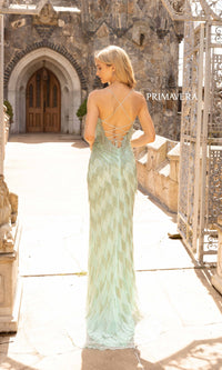 Long Beaded Formal Gown with Fringe