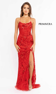 A woman modeling the Strappy-Back Sequin Long Prom Dress 3931, featuring red sequins, spaghetti straps, and a thigh-high slit, stands against a white background with the “PRIMAVERA” logo beside her.