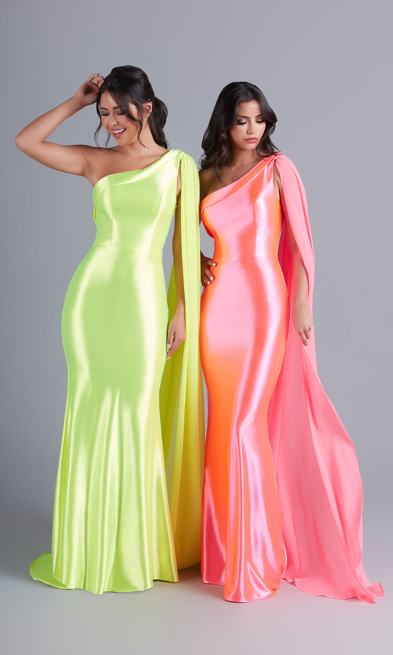 Sashed One-Shoulder Long Neon Prom Dress - PromGirl