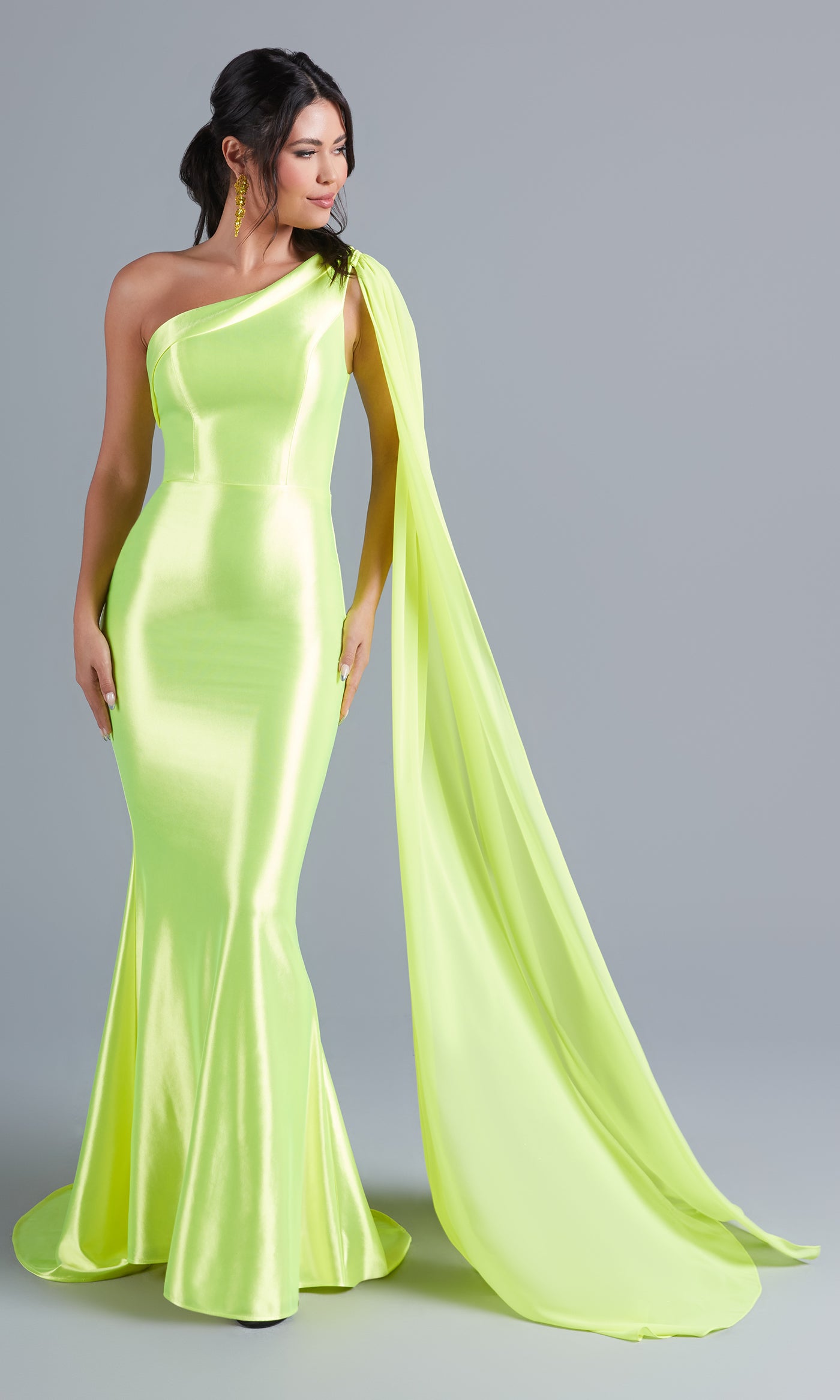 PromGirl One-Shoulder-Sash Neon Long Prom Dress