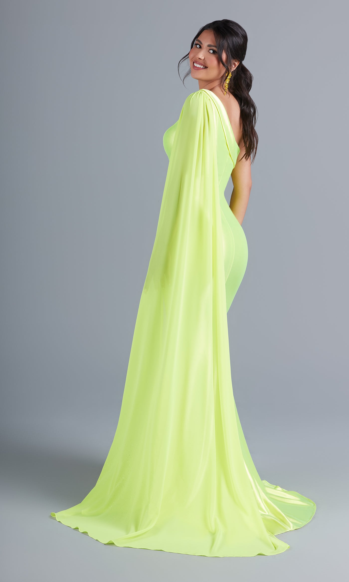 PromGirl One-Shoulder-Sash Neon Long Prom Dress