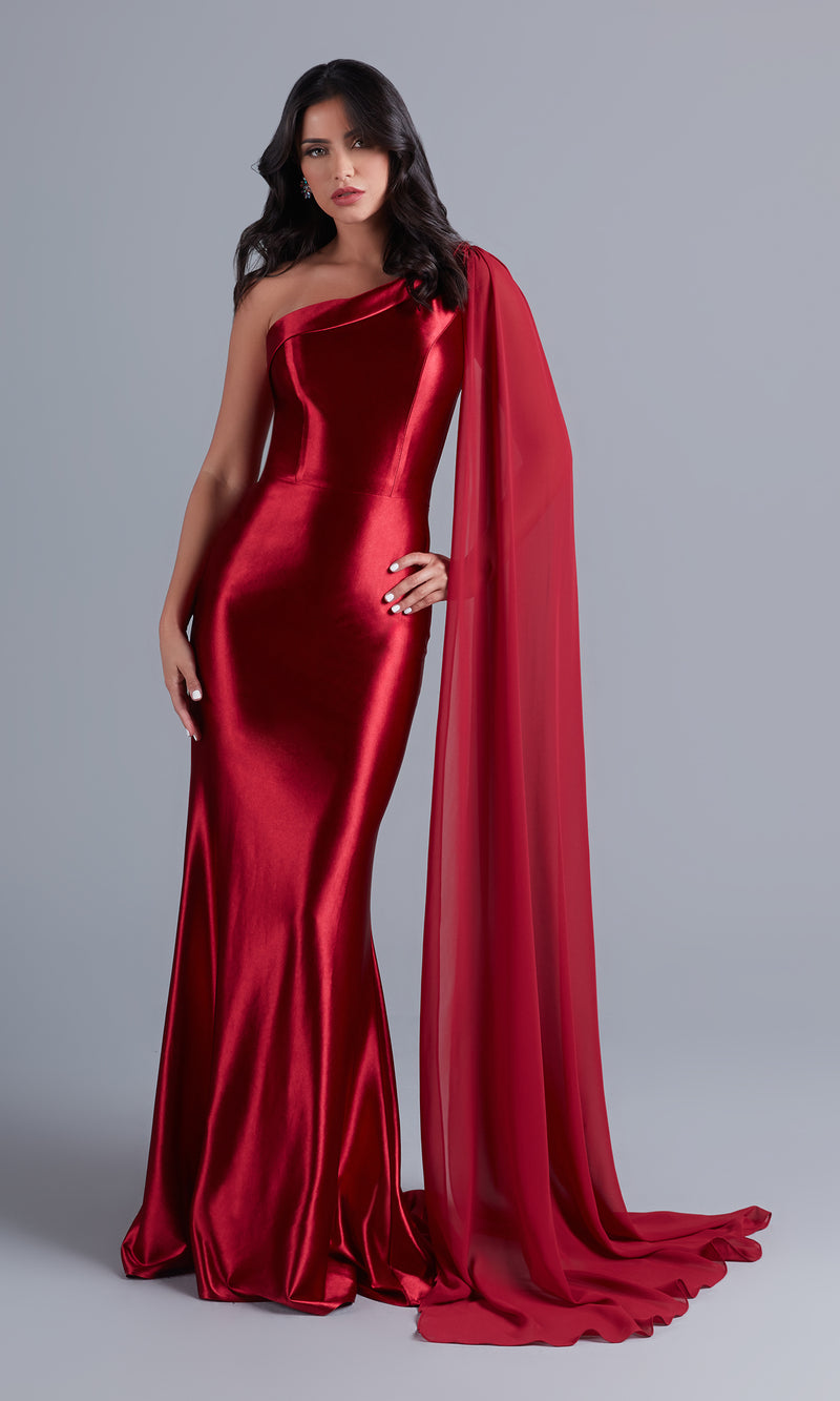 Cape Js Prom Side One-Shoulder Long Prom Dress with Cape - PromGirl