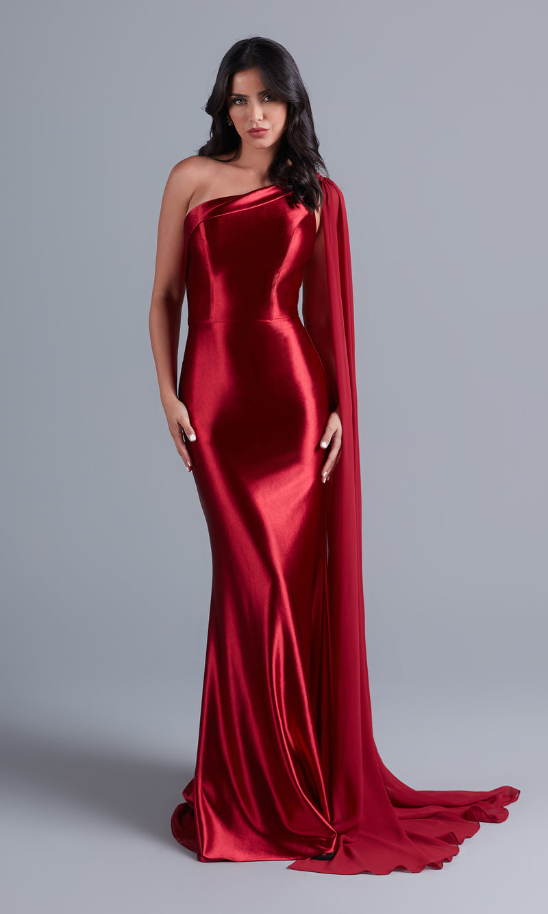 Cape Js Prom Side One-Shoulder Long Prom Dress with Cape - PromGirl