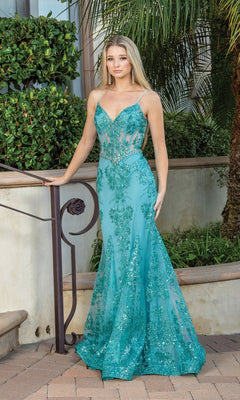 A woman stands outdoors in a Long Sequined and Beaded Mermaid-Style Prom Dress, featuring a floor-length, sleeveless design with sequin and lace detailing, while holding a railing beside her.