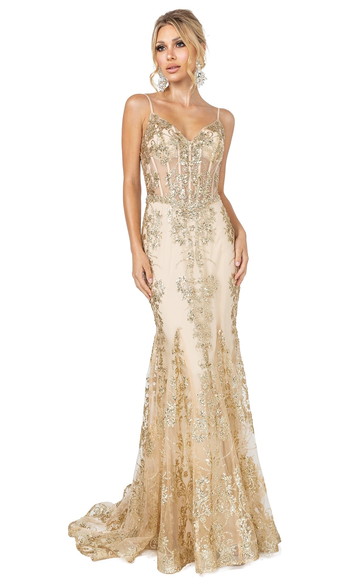 A woman stands against a white background wearing the Long Sequined and Beaded Mermaid-Style Prom Dress, featuring a sleeveless, floor-length design with gold embroidery, sheer bodice, and elegant mermaid skirt.