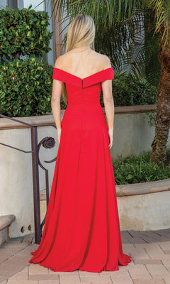 A woman with long blonde hair, seen from behind, wears the Off-the-Shoulder Classic Formal Prom Dress with Slit in red as she stands outdoors by plants and a curved railing.