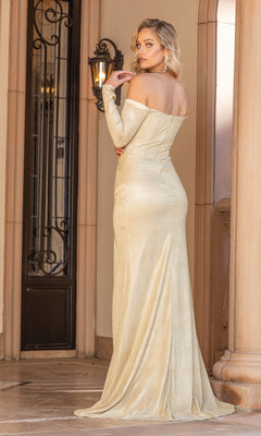 A woman stands indoors near a tall window and ornate columns, looking over her shoulder in an Off-the-Shoulder Long-Sleeve Shimmer Prom Dress, the floor-length gold gown adding elegance to the scene.