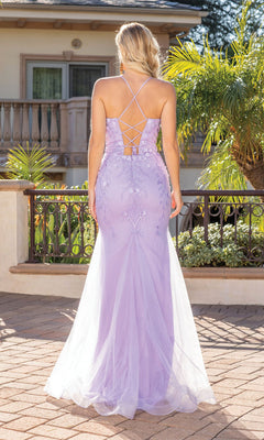 A woman in a light purple Glitter V-Neck Prom Dress with 3-D floral appliques and a lace-up back stands outdoors, facing away from the camera.