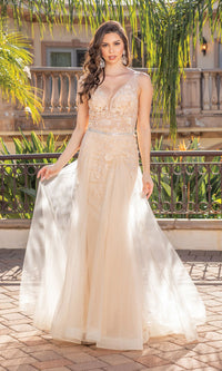 V-Neck Prom Ball Gown with Sheer Bodice