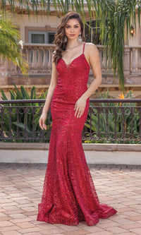 Strappy-Back Long Sequin Prom Dress