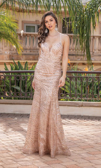 Strappy-Back Long Sequin Prom Dress
