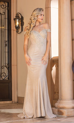 Long Shimmer Formal Dress with Off-Shoulder Bodice PromGirl