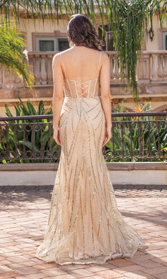 A woman stands outdoors with her back to the camera, wearing the Corset-Bodice Long Gold Prom Dress featuring thin straps and a sparkly, floor-length design.