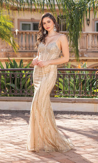 Corset-Bodice Long Gold Prom Dress