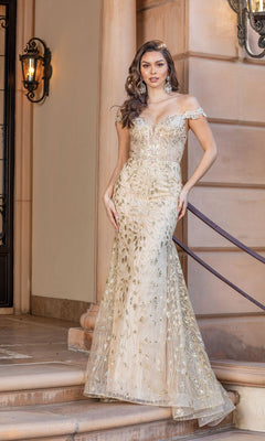 A woman in the Off-the-Shoulder Long Glitter Prom Dress with sequin embellishments stands on stone steps outside a building.