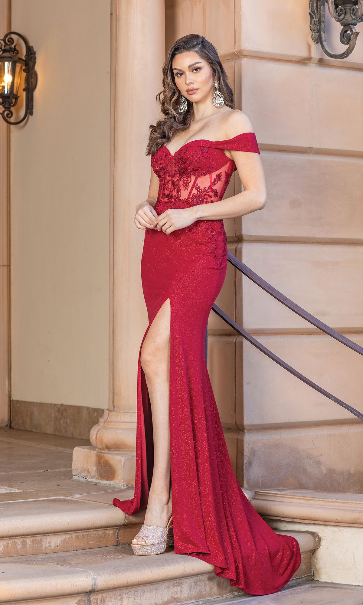 Off-Shoulder Sheer-Bodice Long Prom Dress - PromGirl Burgundy / Small Off-Shoulder Sheer-Bodice Long Prom Dress - PromGirl Burgundy / Small