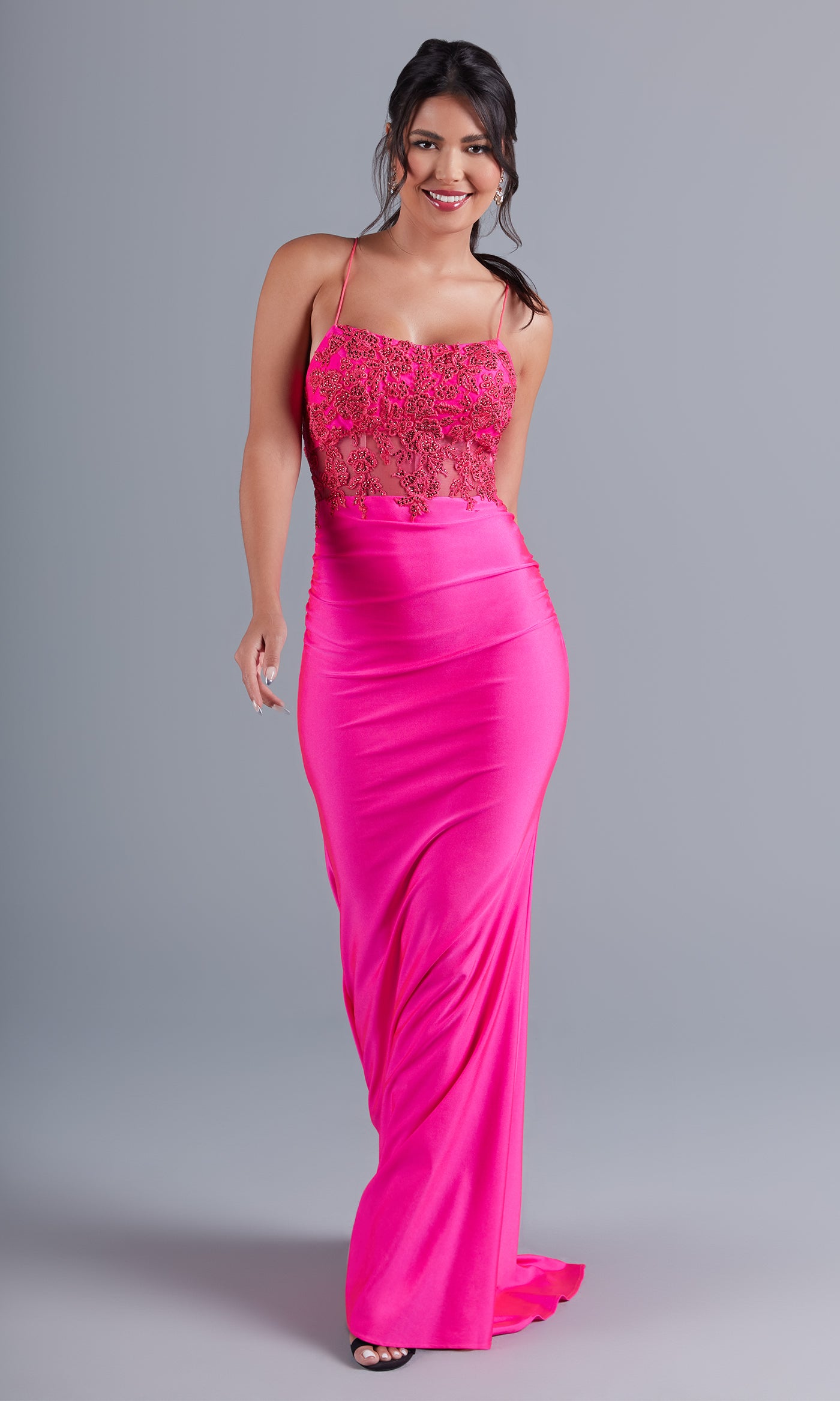 PromGirl Hot Pink Prom Dress with Sheer Bodice