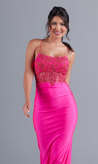 PromGirl Hot Pink Prom Dress with Sheer Bodice