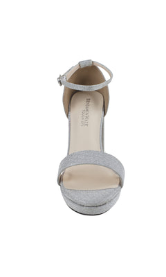 Front view of Mia Silver High Heel Prom Shoes 4580, showcasing an elegant open toe, high heel, and sleek ankle strap with buckle.