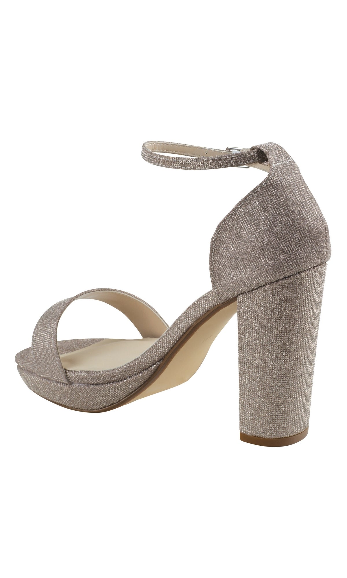 The Mia Champagne High Heel Prom Shoes 4581 feature a block heel, ankle strap, open toe, and textured metallic champagne fabric—an ideal choice for prom in a light taupe shade.