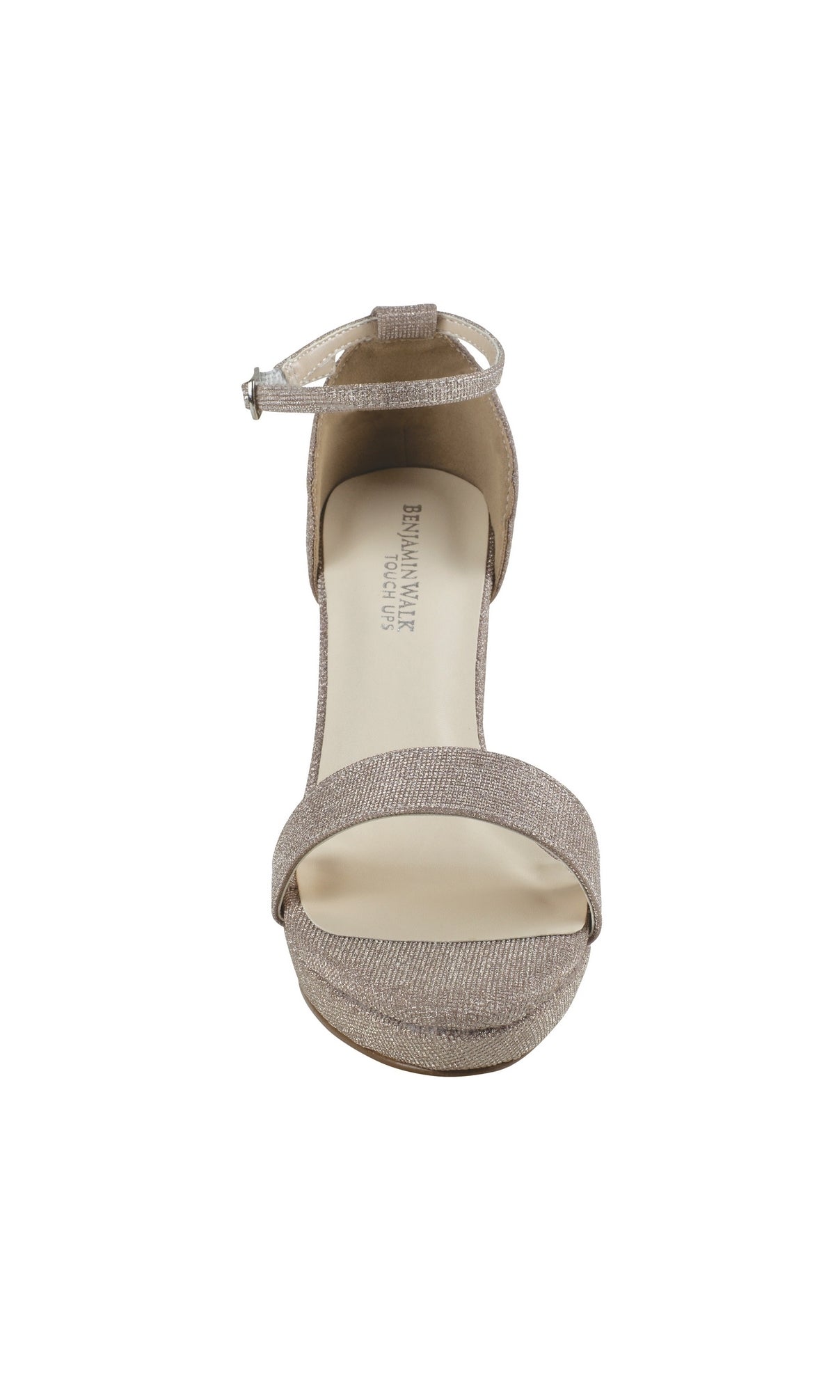Front view of a single Mia Champagne High Heel Prom Shoe 4581—an elegant women’s open-toe sandal with ankle strap and shimmering champagne fabric, perfect for prom.
