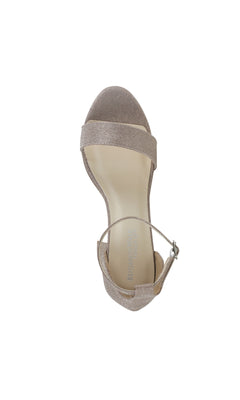 Top view of the Mia Champagne High Heel Prom Shoes 4581, featuring a beige open-toe design with an ankle strap and buckle, styled by Touch Ups and displayed on a plain white background.