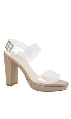 The Nova Clear Prom High Heel Shoes 4582 are beige nude platform sandals with block heels and two clear PVC straps, plus an adjustable ankle buckle—ideal for prom.