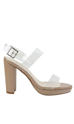 The Nova Clear Prom High Heel Shoes 4582 feature a beige block heel, clear plastic straps, and a silver buckle ankle strap—stylish high heels perfect for prom or any special occasion.