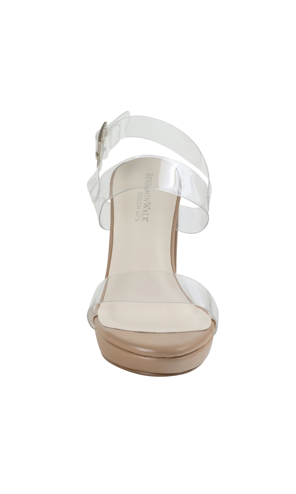 The Nova Clear Prom High Heel Shoes 4582 feature a nude platform, clear plastic straps, and an ankle buckle, shown from the front.