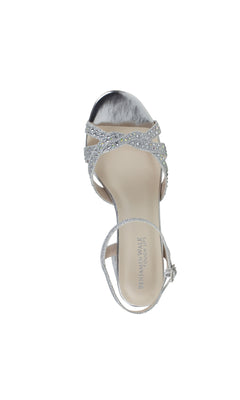 Ivy Silver Low Heel Prom Shoes 4585: silver open toe shoes with rhinestone straps and ankle buckle, viewed from above. "BENJAMIN WALK" on the insole—elegant low-heel style, perfect for prom or any special night.