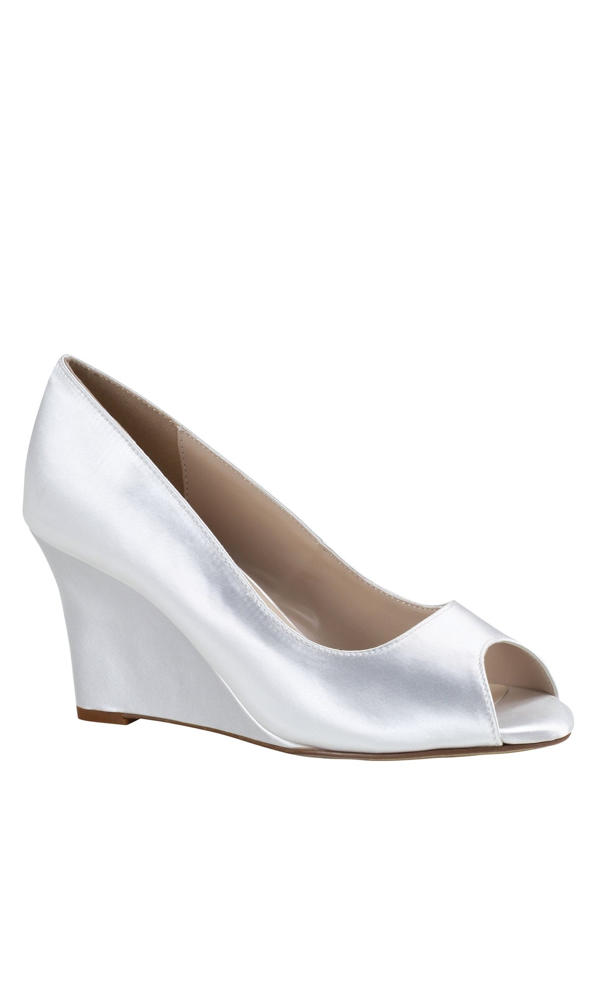 The Nicole White Peep Toe 3in Prom Shoes 4588 feature a satin wedge design with a closed heel, ideal for prom or special occasions. Displayed on a plain white background.