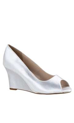 The Nicole White Peep Toe 3in Prom Shoes 4588 feature a satin wedge design with a closed heel, ideal for prom or special occasions. Displayed on a plain white background.