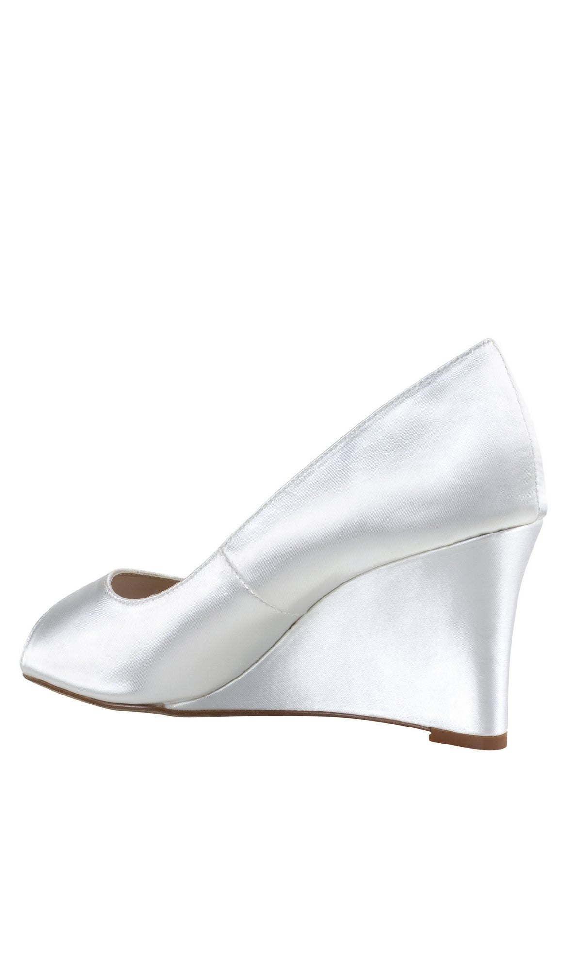 The Nicole White Peep Toe 3in Prom Shoes 4588 are elegant white satin wedge heels, shown in profile on a plain white background—perfect for prom or special occasions.